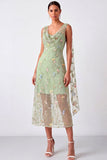 Green Floral Cowl Neck Sheath Summer Wedding Guest Dress