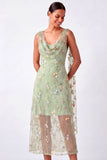 Green Floral Cowl Neck Sheath Summer Wedding Guest Dress