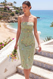 Green Floral Strapless Embroidered Bodycon Midi Wedding Guest Dress