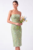 Green Floral Strapless Embroidered Bodycon Midi Wedding Guest Dress
