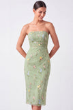 Green Floral Strapless Embroidered Bodycon Midi Wedding Guest Dress