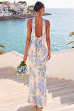 Light Blue Floral Halter Mermaid Maxi Wedding Guest Dress