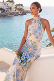 Light Blue Floral Halter Mermaid Maxi Wedding Guest Dress
