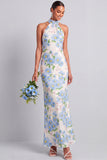 Light Blue Floral Halter Mermaid Maxi Wedding Guest Dress