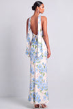 Light Blue Floral Halter Mermaid Maxi Wedding Guest Dress