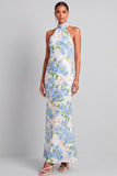 Light Blue Floral Halter Mermaid Maxi Wedding Guest Dress