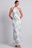 Light Blue Floral Halter Mermaid Maxi Wedding Guest Dress