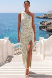 Light Green Floral Maxi Sheath Ruched Wedding Guest Dress with Slit