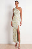 Light Green Floral Maxi Sheath Ruched Wedding Guest Dress with Slit