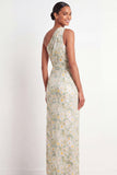 Light Green Floral Maxi Sheath Ruched Wedding Guest Dress with Slit