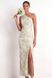 Light Green Floral Maxi Sheath Ruched Wedding Guest Dress with Slit