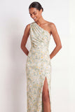 Light Green Floral Maxi Sheath Ruched Wedding Guest Dress with Slit