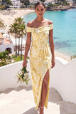 Butter Yellow Maxi Sheath Floral Wedding Guest Dress with Slit