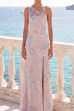 Light Blue Floral One Shoulder Maxi Wedding Guest Dress with Slit