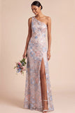 Light Blue Floral One Shoulder Maxi Wedding Guest Dress with Slit