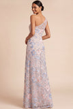 Light Blue Floral One Shoulder Maxi Wedding Guest Dress with Slit