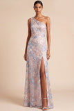 Light Blue Floral One Shoulder Maxi Wedding Guest Dress with Slit
