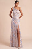 Light Blue Floral One Shoulder Maxi Wedding Guest Dress with Slit
