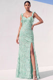Mint Green Floral Mermaid Maxi Wedding Guest Dress with Slit