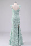 Mint Green Floral Mermaid Maxi Wedding Guest Dress with Slit
