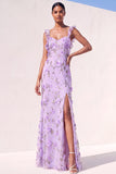 Lilac Floral Mermaid Appliqued Long Wedding Guest Dress with Slit