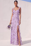 Lilac Floral Mermaid Appliqued Long Wedding Guest Dress with Slit
