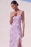 Lilac Floral Mermaid Appliqued Long Wedding Guest Dress with Slit