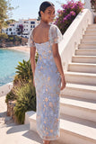 Light Blue Floral Sweetheart Sheath Midi Wedding Guest Dress with Slit