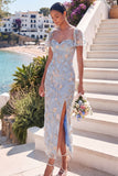 Light Blue Floral Sweetheart Sheath Midi Wedding Guest Dress with Slit