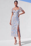 Light Blue Floral Sweetheart Sheath Midi Wedding Guest Dress with Slit