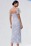 Light Blue Floral Sweetheart Sheath Midi Wedding Guest Dress with Slit