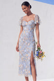 Light Blue Floral Sweetheart Sheath Midi Wedding Guest Dress with Slit