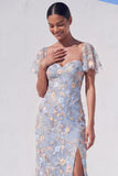 Light Blue Floral Sweetheart Sheath Midi Wedding Guest Dress with Slit