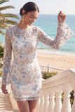 Light Blue Floral Round Neck Short Wedding Guest Dress