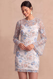 Light Blue Floral Round Neck Short Wedding Guest Dress