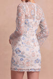 Light Blue Floral Round Neck Short Wedding Guest Dress