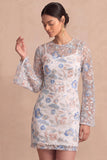 Light Blue Floral Round Neck Short Wedding Guest Dress