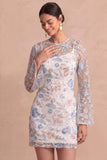 Light Blue Floral Round Neck Short Wedding Guest Dress