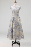 Jacquard Floral Dusty Blue Midi Wedding Guest Dress