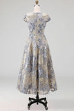 Jacquard Floral Dusty Blue Midi Wedding Guest Dress