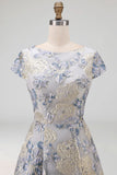 Jacquard Floral Dusty Blue Midi Wedding Guest Dress
