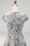 Jacquard Floral Dusty Blue Midi Wedding Guest Dress
