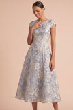 Jacquard Floral Dusty Blue Midi Wedding Guest Dress