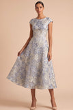 Jacquard Floral Dusty Blue Midi Wedding Guest Dress