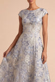 Jacquard Floral Dusty Blue Midi Wedding Guest Dress