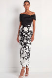 Black Floral Sheath Off the Shoulder Maxi Wedding Guest Dress