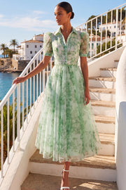 Green A Line Floral Puff Sleeves Long Wedding Guest Dress