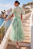 Green A Line Floral Puff Sleeves Long Wedding Guest Dress