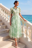 Green A Line Floral Puff Sleeves Long Wedding Guest Dress