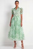 Green A Line Floral Puff Sleeves Long Wedding Guest Dress